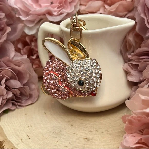 Pale Pink and Silver Crystal Bunny Rabbit Keychain Charm - Picture 3 of 12